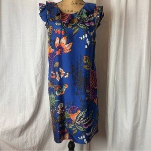 J Crew  Silk Ruffle Dress Tropical Floral Print Blue Multicolor Sz4 F3884